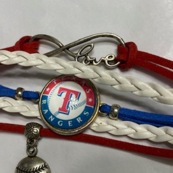 TEXAS RANGERS BRACELET * Red White Blue MULTI-STRAND * pewter BASEBALL & LOVE - Picture 3 of 5
